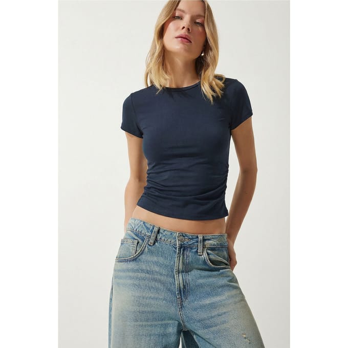 Slim Fit Crew Neck Blouse met Drapage Detail