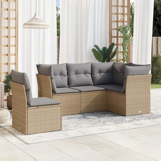vidaXL - 5-delige - Loungeset - met - kussens - poly - rattan - beige