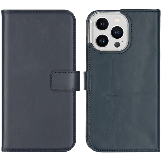 Selencia Hoesje - Geschikt voor Apple iPhone 14 Pro Max - Echt Lederen Bookcase - Blauw