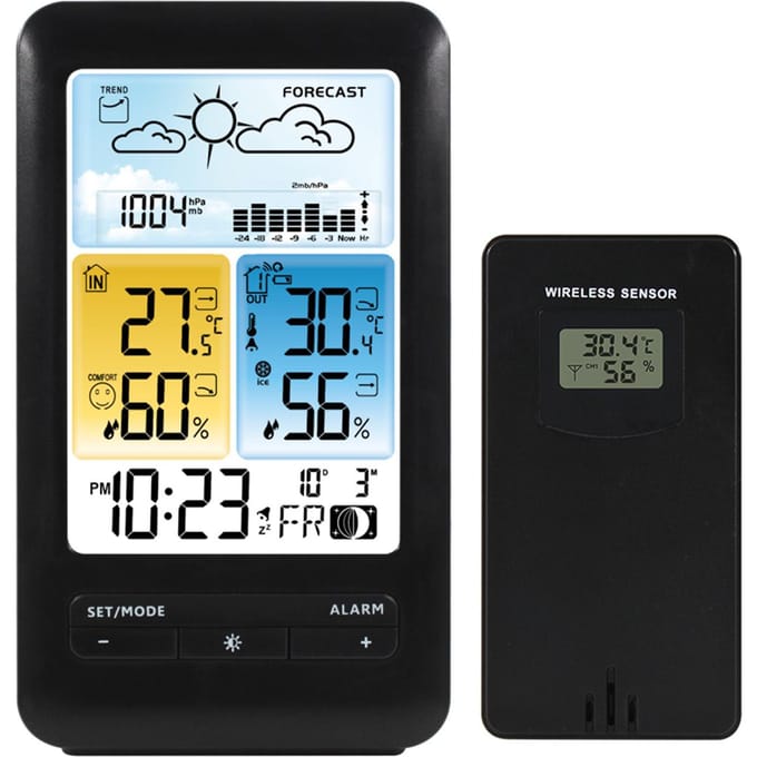 LCD Weerstation Wekker met Snooze Digitale Binnen Buiten Temperatuur Vochtigheidsmonitor zwart