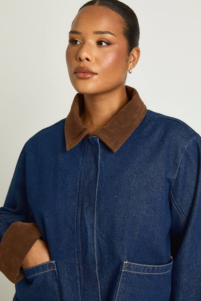 boohoo Dames Plus Denim Schuur Jas | Rinse | Maat: 16