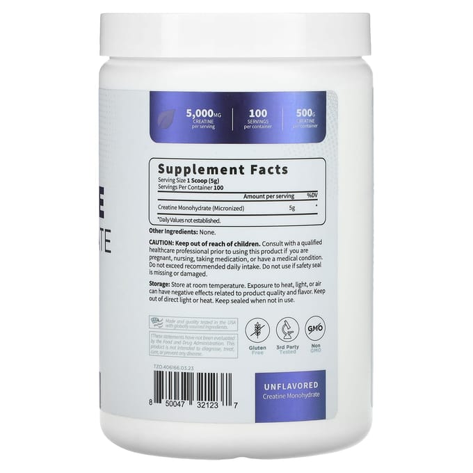 TypeZero, puur, creatine monohydraat, ongezoet, 5.000 mg, 17,6 oz (500 gr)