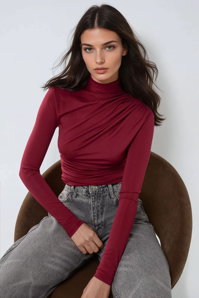 Hoge Kraag Drapeerdetail Blouse