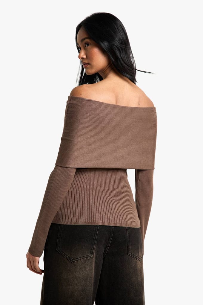 boohoo Dames Premium Rib Gebreide Bardot Trui | Mushroom | Maat: Medium