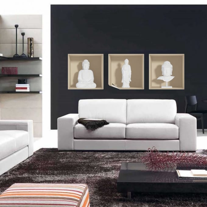 Sticker met 3D-effect van een witte Boeddha, 30 x 90 cm