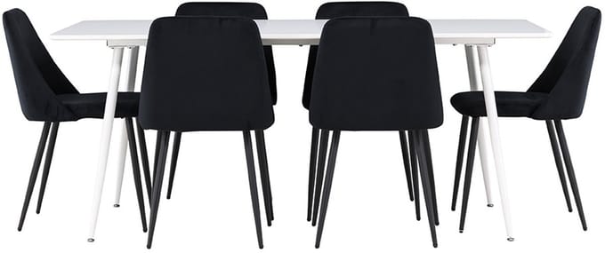 Silar eethoek tafel 90x180cm en 6 velours stoelen wit.
