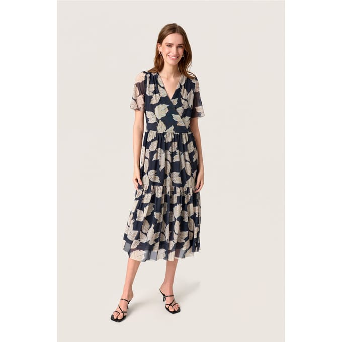 Jersey jurk Feminine Navy Leaf Print multicolour