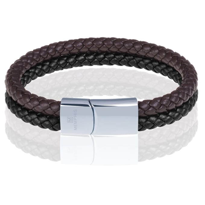 Memphis Dubbele leren armband Duo Color Zilver Zwart Bruin-20cm