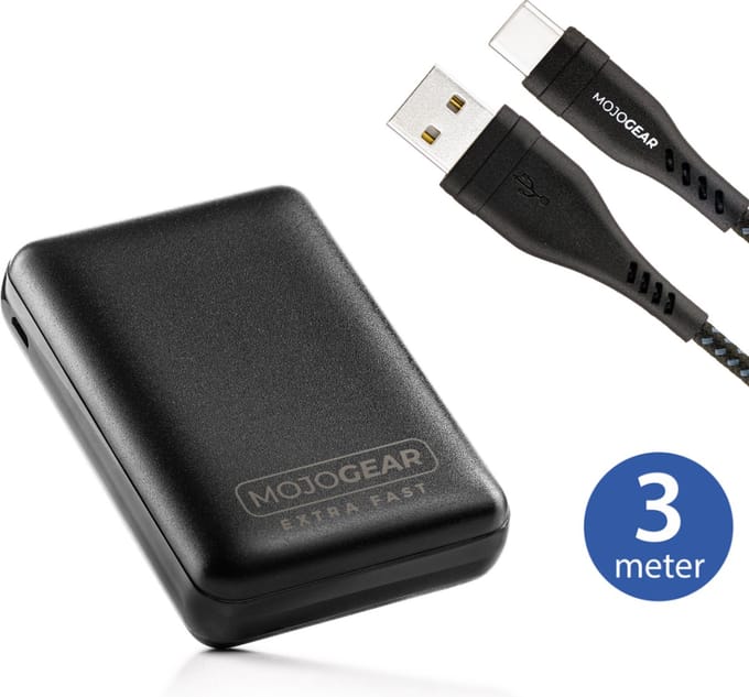 MOJOGEAR MINI EXTRA FAST 10.000 mAh powerbank met USB-C naar USB kabel Extra Sterk 3m