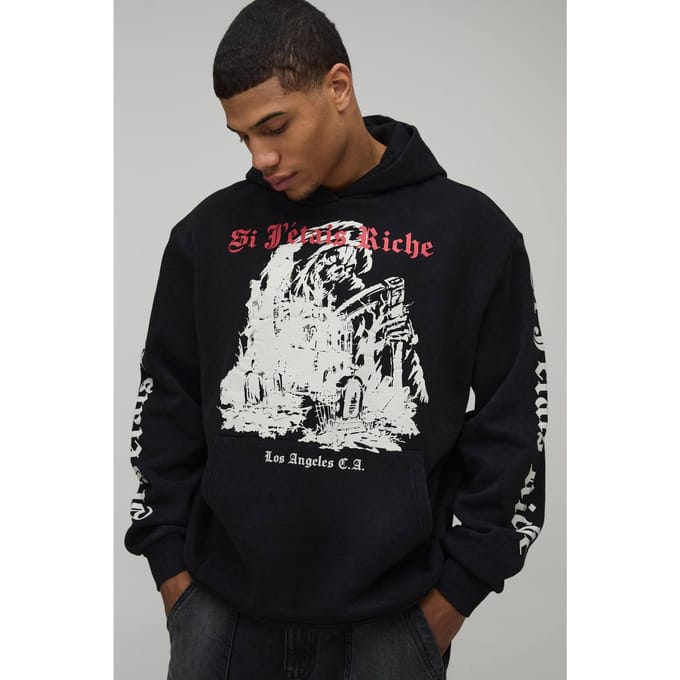 Oversized Gothic Gewassen Bedrukte Hoodie | Washed Black | Size Medium