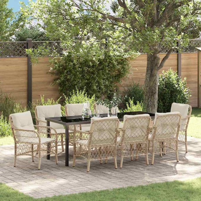 vidaXL - Tuin - Eettafel - Set - 9 - st - Beige - poly - rattan