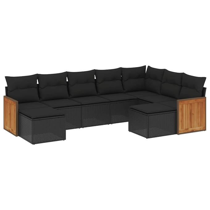 vidaXL - 9-delige - Loungeset - met - kussens - poly - rattan - zwart