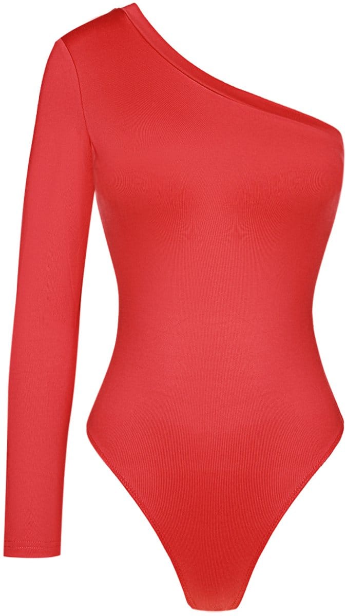 Minimalistische Polyester Vrouwen Een-schouder Bodysuit - Rood - Maat S