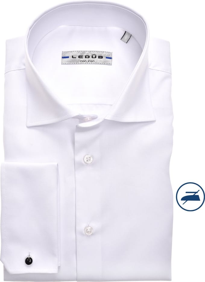 Ledub modern fit overhemd - dubbele manchet - wit twill - Strijkvrij - Boordmaat: 43