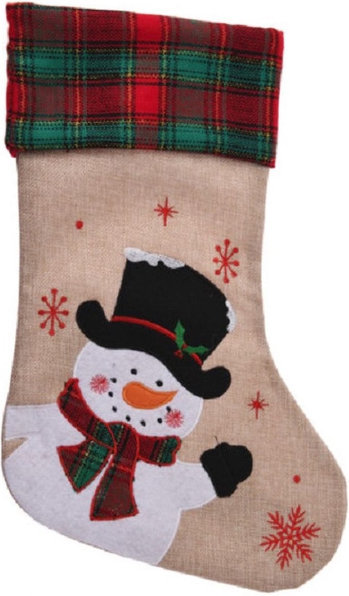 Christmas Decoration kerstsok - met sneeuwpop - H42 cm - jute/polyester