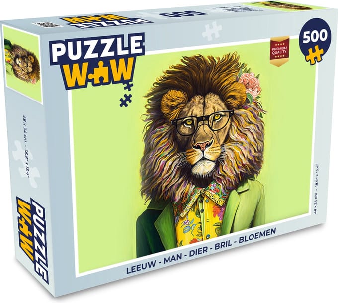 Puzzel Leeuw - Man - Dier - Bril - Bloemen - Legpuzzel - Puzzel 500 stukjes