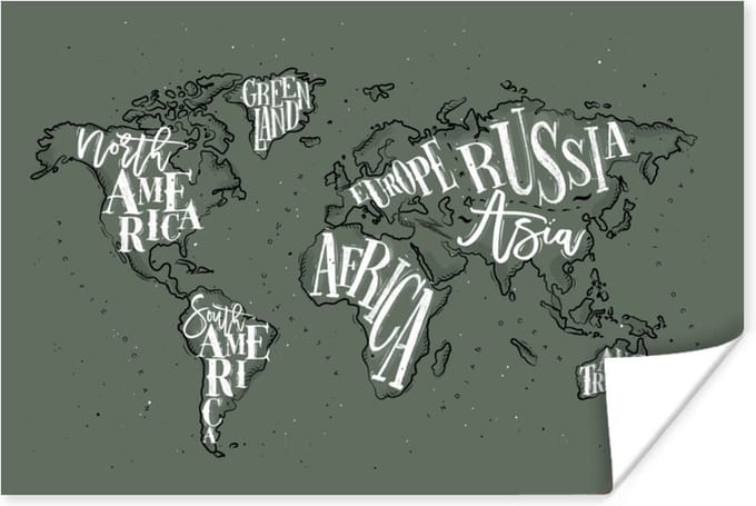 Wanddecoratie - Wereldkaart - Grijs - Wit - 90x60 cm - Poster