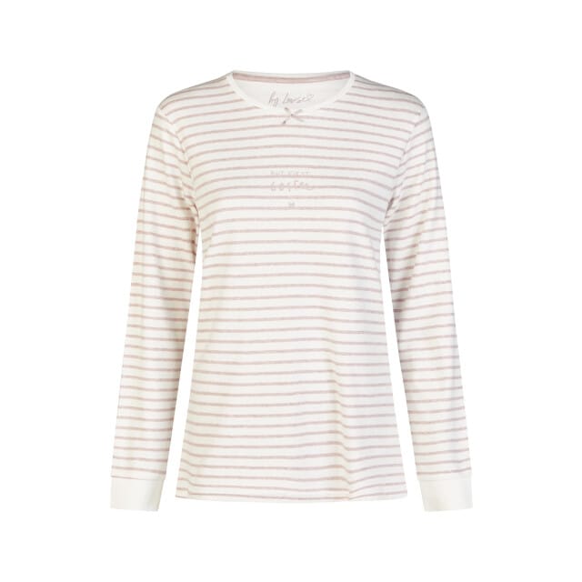 By Louise Dames Pyjama Set Lang Interlock Wit/Roze Gestreept - Maat M