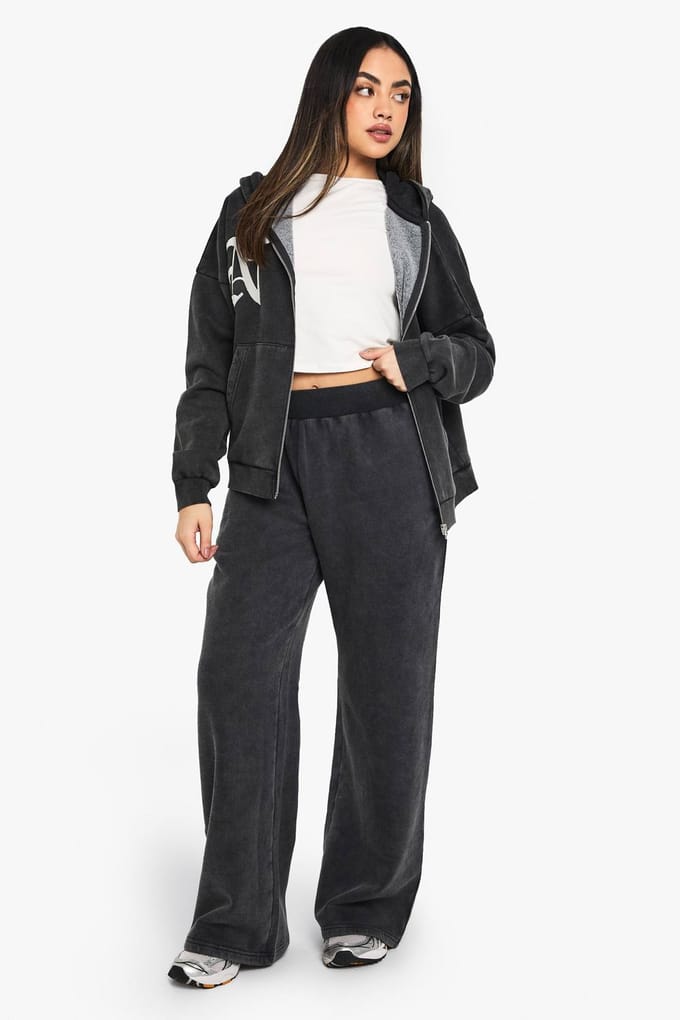 boohoo Dames NY Geborduurde Wijde Jogger | Charcoal | Maat: XS