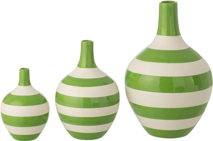 J-Line vaas Gestreept - porselein - wit/groen - set van 3