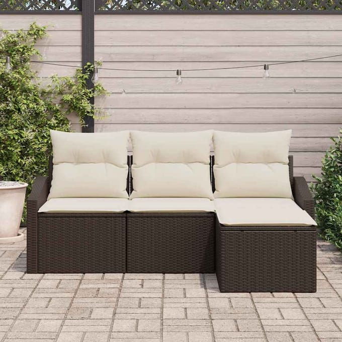 vidaXL Bankstel met kussen met opslag 4 pcs Bruin en Crème poly rattan