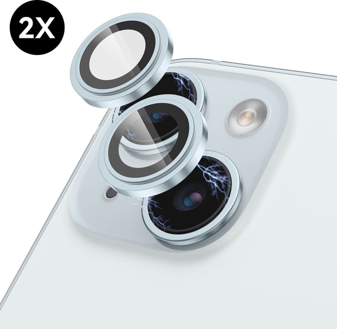 2x Camera Lens Screen Protector geschikt voor iPhone 15 / iPhone 15 Plus Camera Lens Screen Protector - Screenprotector - Blauw - Aluminium - Camera Protector geschikt voor iPhone 15 / iPhone 15 Plus - Gehard Glas