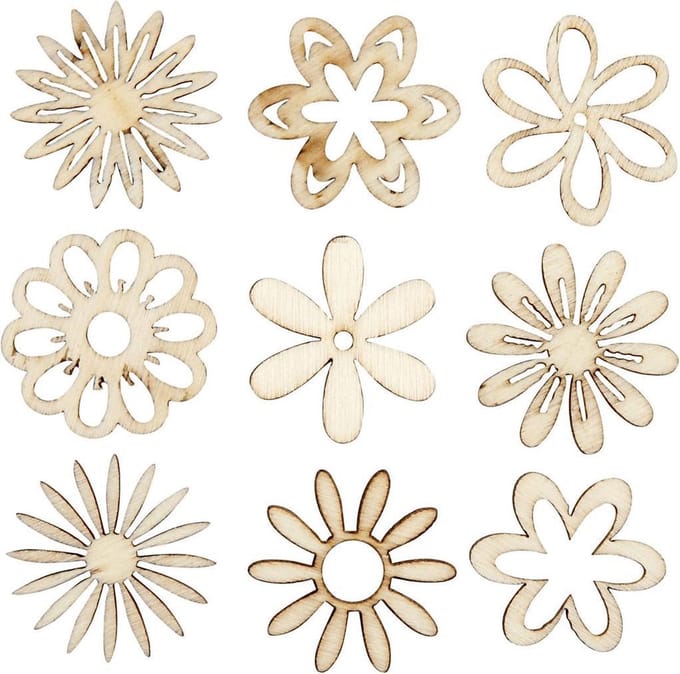 Hout decoratie, bloemen, afm 28 mm, 45 stuk/ 1 doos