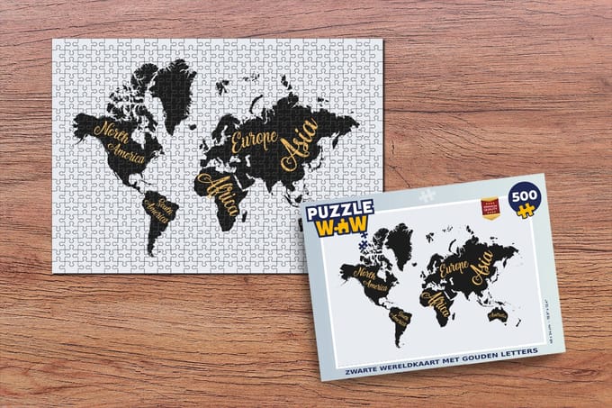 Puzzel Wereldkaart - Letters - Goud - Legpuzzel - Puzzel 500 stukjes
