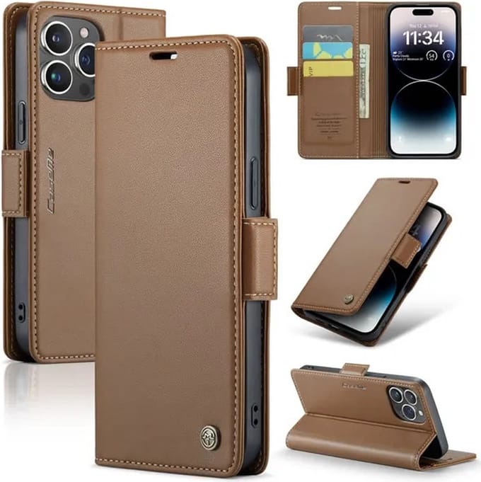 CaseMe Wallet Case met RFID Bescherming en Magneetsluiting voor iPhone 14 Pro _ Bruin