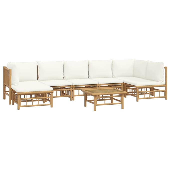 vidaXL - 8-delige - Loungeset - met - kussens - bamboe - crèmewit