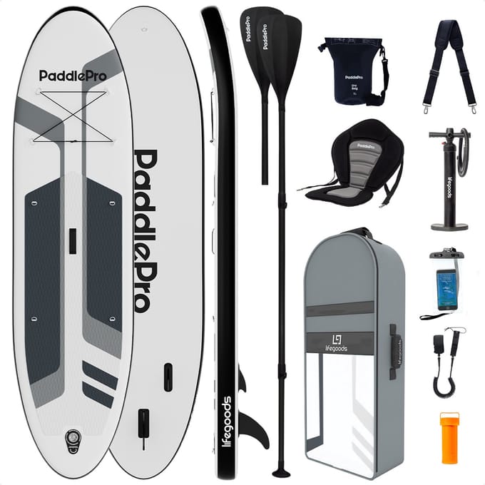 LifeGoods PaddlePro SUP Board - Luxe Set - met Zitje - Opblaasbaar Paddle Board - Max. 150KG - 320x81cm - Wit