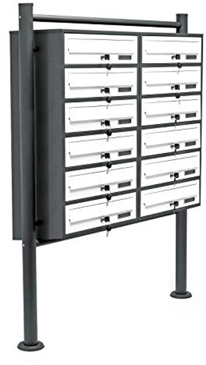 Mailbox systeem met 12 brievenbussen en standaardbasis, gepoedercoat in antraciet-wit