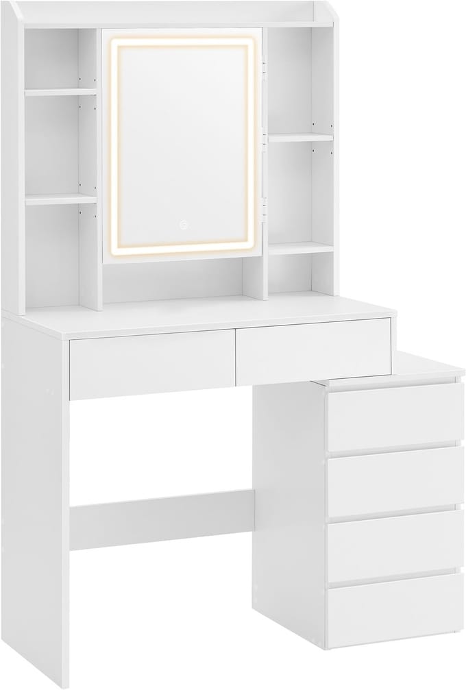 VASAGLE - Kaptafel - Kaptafel met LED-Verlichting - Verstelbare Helderheid - Spiegel en Lades