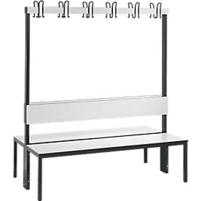 Garderobebank Basic Plus, 2-zijdig, rugleuning, zonder schoenenrek, pootstel zwart-grijs RAL 7021, B 1500 mm, decor wit