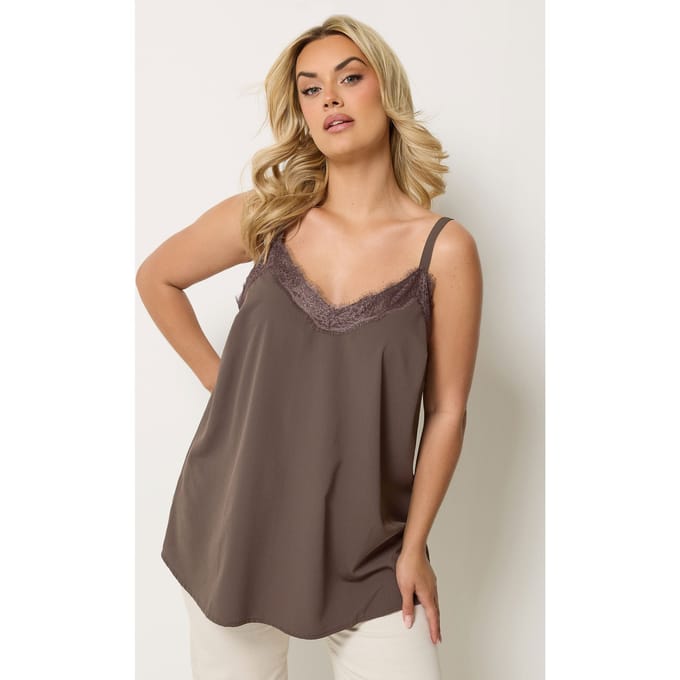 Yours Chocoladebruine Top Met Kanten Inzetstuk Size 42