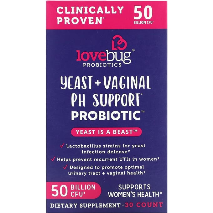 Levure + Probiotique de Soutien du pH Vaginal, 50 Milliards d'UFC, 30 Capsules