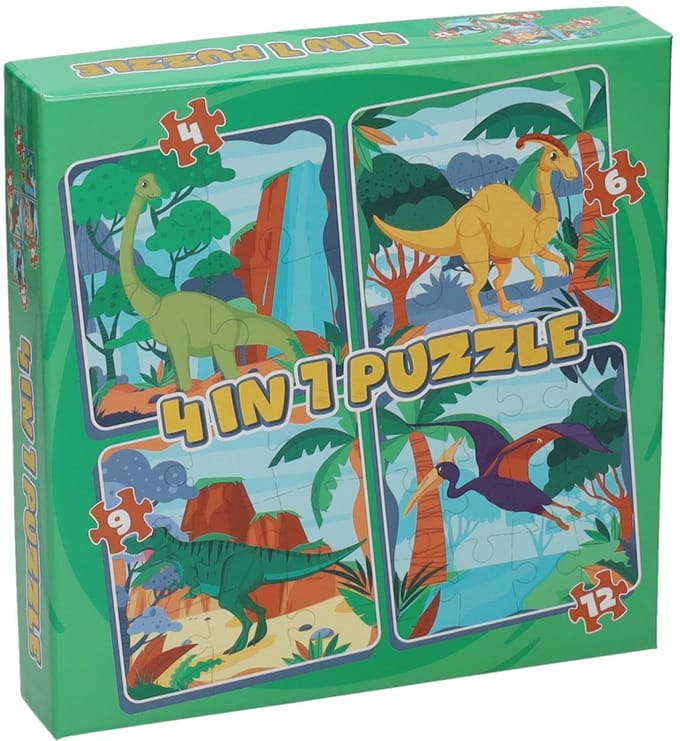 Puzzel 4 in 1 dino legpuzzel voor kinderen met dinosaurussen.