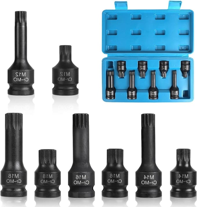 Allecto Plus - Set van 8 dopsleutels voor auto's - XZN 1/2 inch - M12 M14 M16 M18 - Met box en slagmoerdoppen - CR-MO materiaal