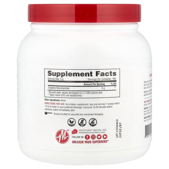 Metabolic Nutrition, Creatine, Ongezoet, 17,64 oz (500 gr)