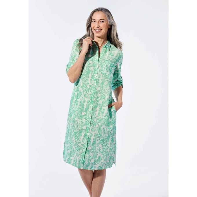 Linnen jurk - salie / wit / gedess. - Gr. 48 van Goldner Fashion