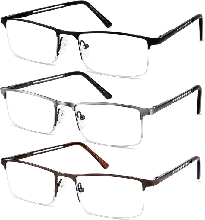 Leesbrillen Heren - Blauwlichtfilter Bril - Bescherming Ogen - Half Metalen Frame - 3 Stuks - Zwart