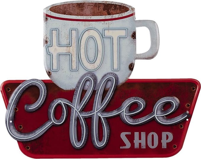 Clayre & Eef Tekstbord 38x48 cm Wit Rood Ijzer Hot Coffee Wandbord