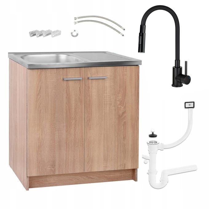 STAMAR - Keukenonderkast 80 cm met RVS spoelbak, zwarte flexibele keukenkraan en sifon - sonoma eiken