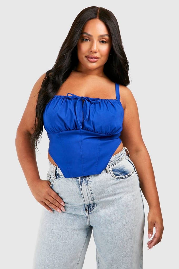 boohoo Dames Plus Tie Front Milkmaid Korset Top | Cobalt | Maat: 26