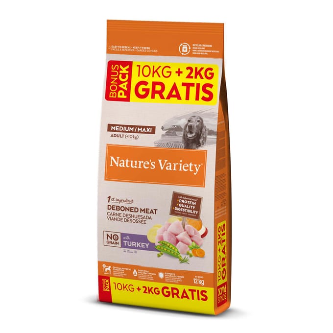 Nature's Variety No Grain Medium/Maxi Adult Kalkoen - 10 kg + 2 kg gratis