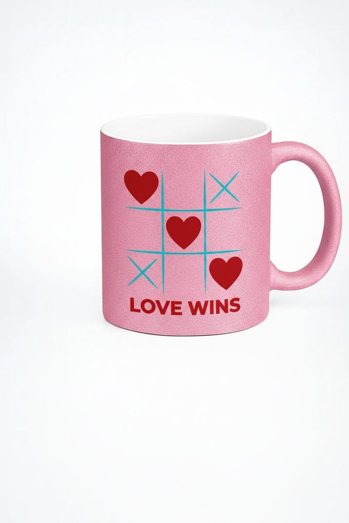 Roze Liefde Wint Mok | Tic-Tac-Toe Harten Glitter Beker | Valentijn Cadeau
