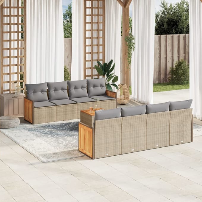 vidaXL - 9-delige - Loungeset - met - kussens - poly - rattan - beige