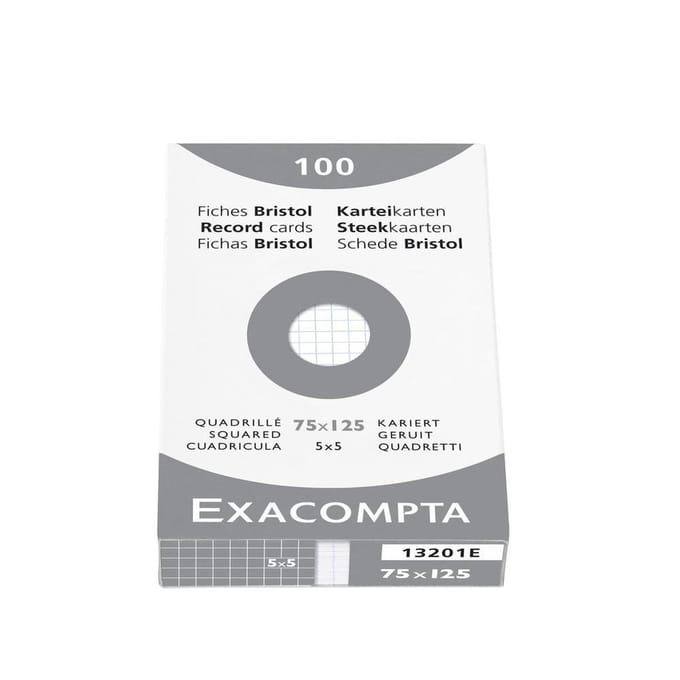 Exacompta etui 100 steekkaarten bristol geruit 5x5 niet geperforeerd 75x125mm - Wit - 13201E