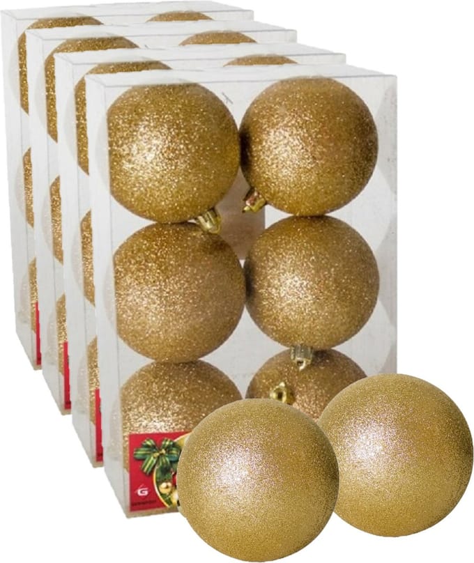 Gerimport Kerstballen - 24x stuks - goud - glitter - 8 cm - kunststof - kerstversiering