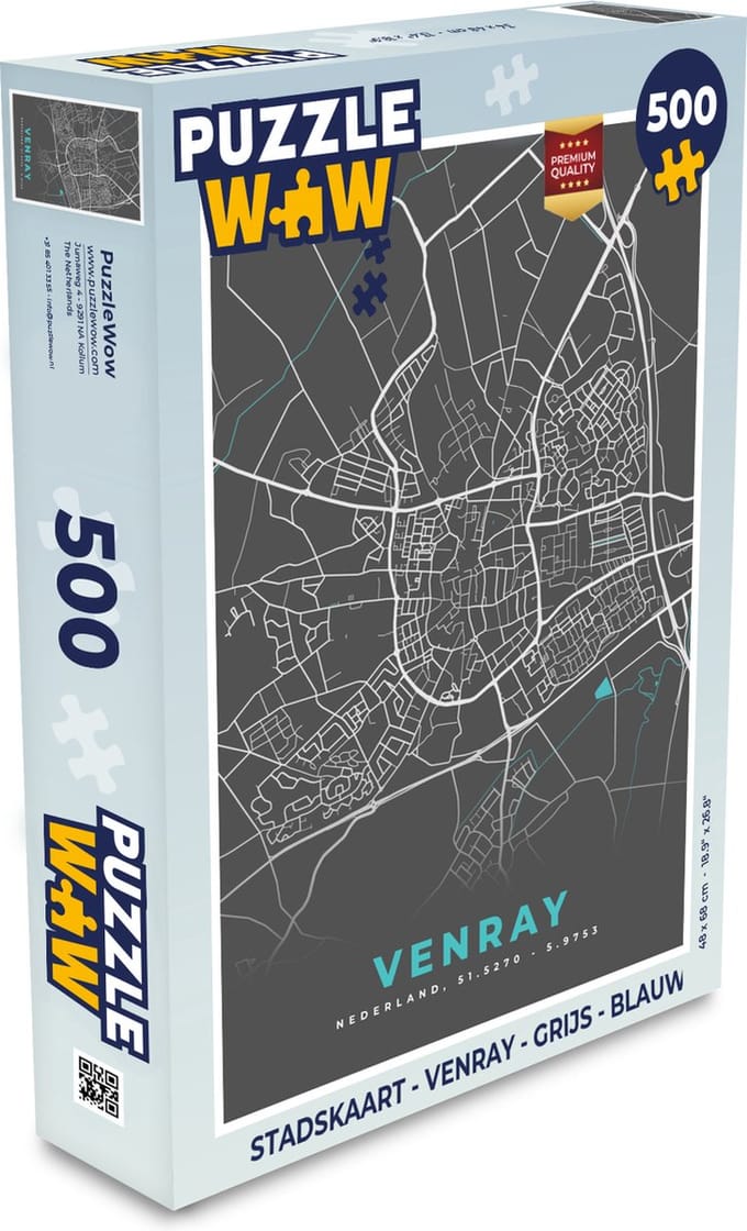 Puzzel Stadskaart - Venray - Grijs - Blauw - Legpuzzel - Puzzel 500 stukjes - Plattegrond